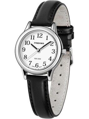 Women's Silver-Black Leather Band Small Analog Arabic Numerals Quartz Watch